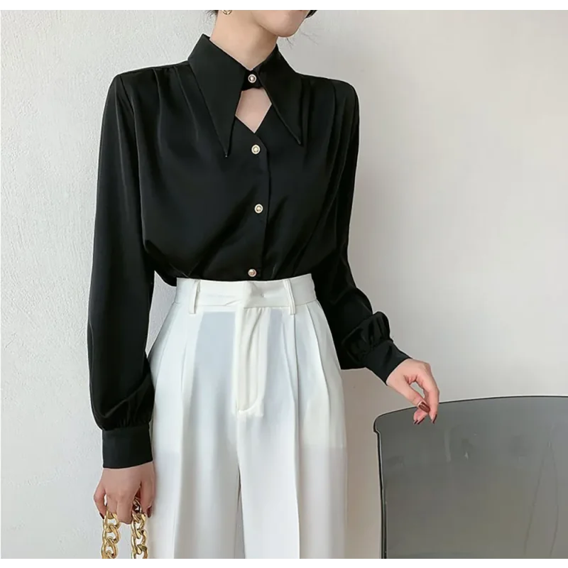Blusa Social em Cetim com Gola Clássica e Botões Lenogue Preto / p