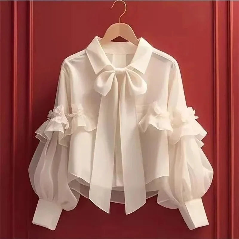 Blusa Social em Chiffon com Laço e Gola Clássica Lenogue Bege / p