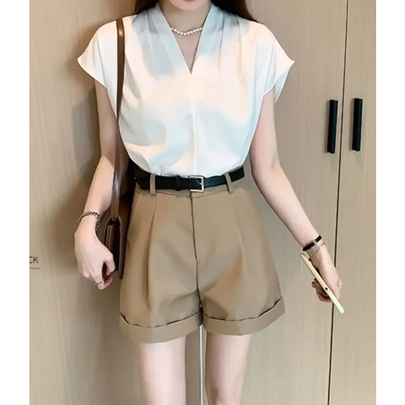 Blusa Social em Chiffon com Manga Curta para Escritório Lenogue Branco / p