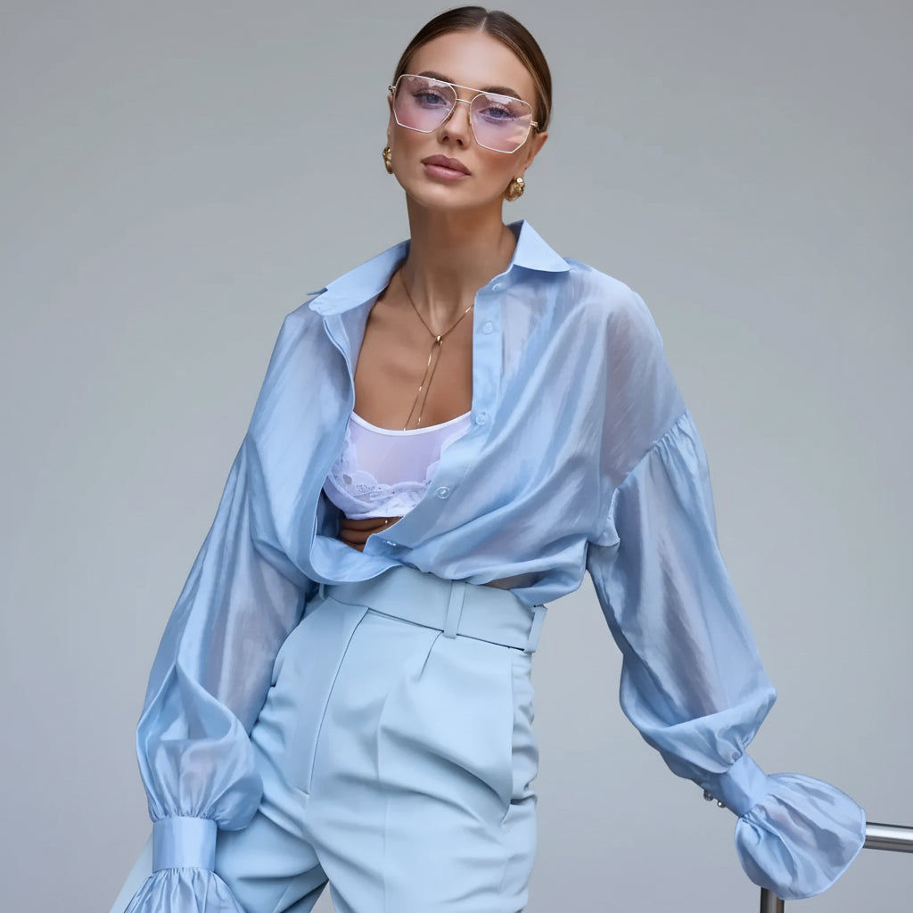 Blusa Transparente em Poliéster para Casual Chic Lenogue Azul / p