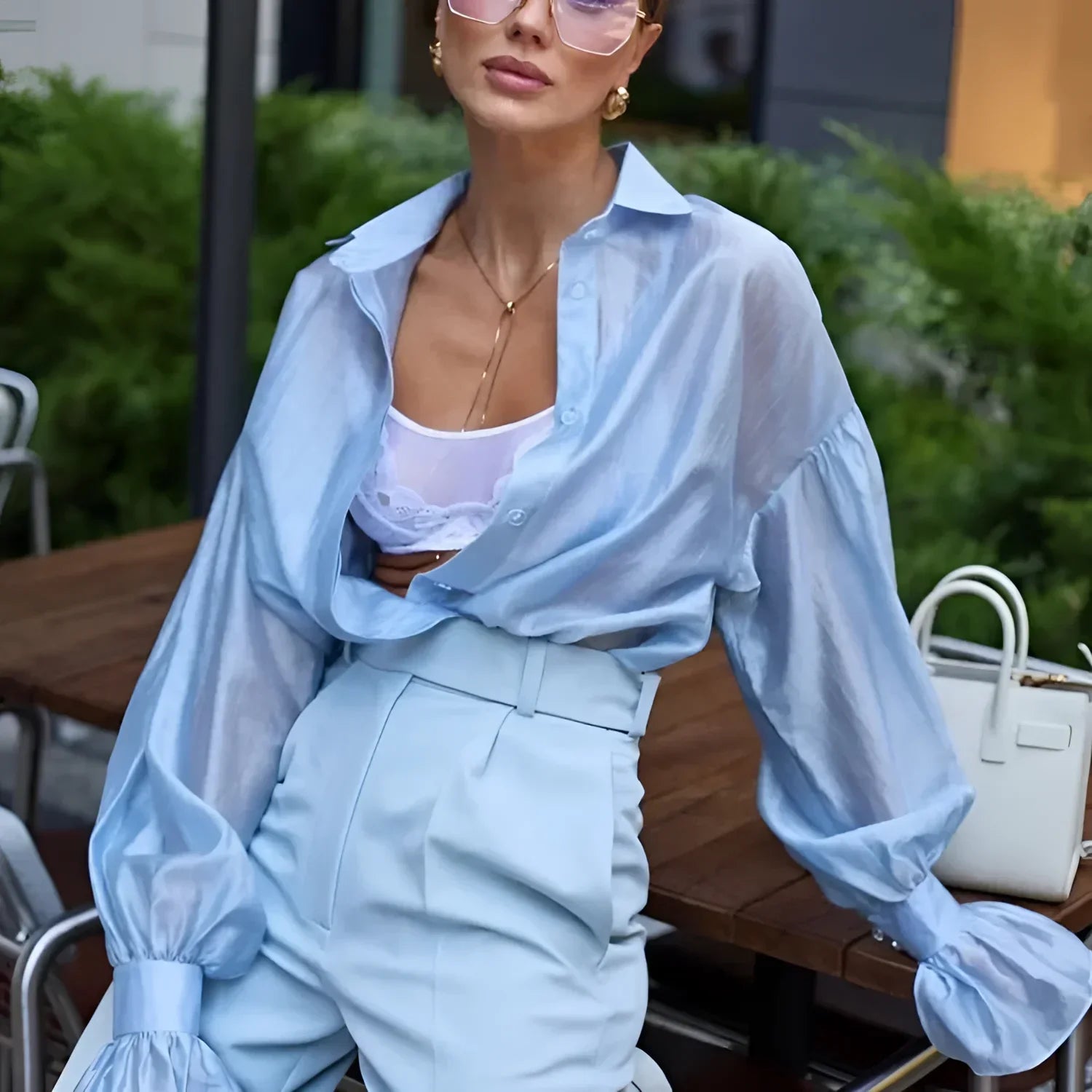 Blusa Transparente em Poliéster para Casual Chic Lenogue