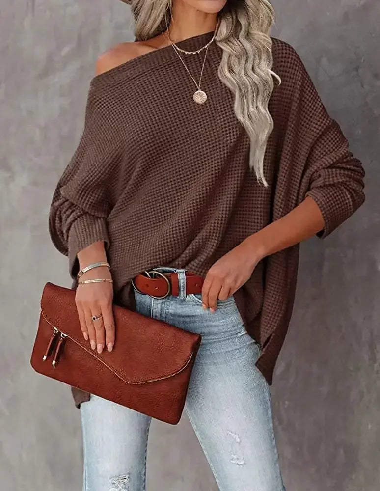 Blusa Tricot Waffle Decote Ombro a Manga Longa Lenogue