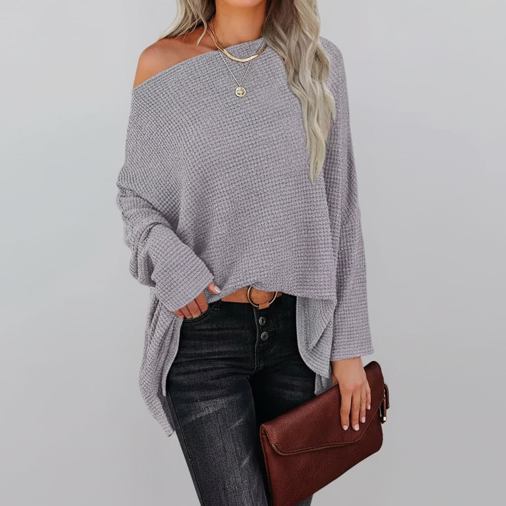 Blusa Tricot Waffle Decote Ombro a Manga Longa Lenogue Cinza / p