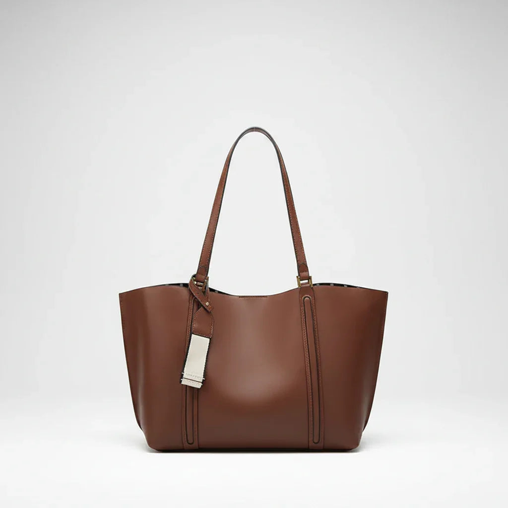 Bolsa Tote de Couro Sintético Minimalista com Alça Chic Lenogue Marrom