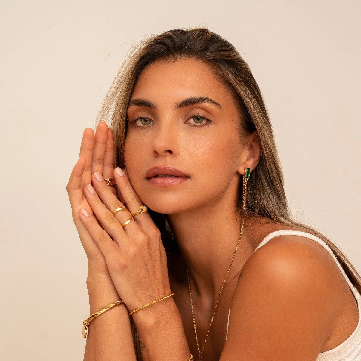 Brinco Luxurious Corrente Elisabeth Zircônia Esmeralda Lenogue Ouro