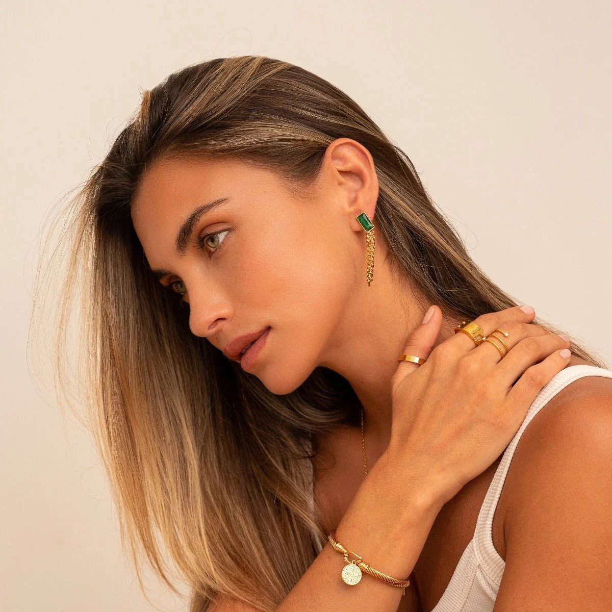 Brinco Luxurious Corrente Elisabeth Zircônia Esmeralda Lenogue Ouro