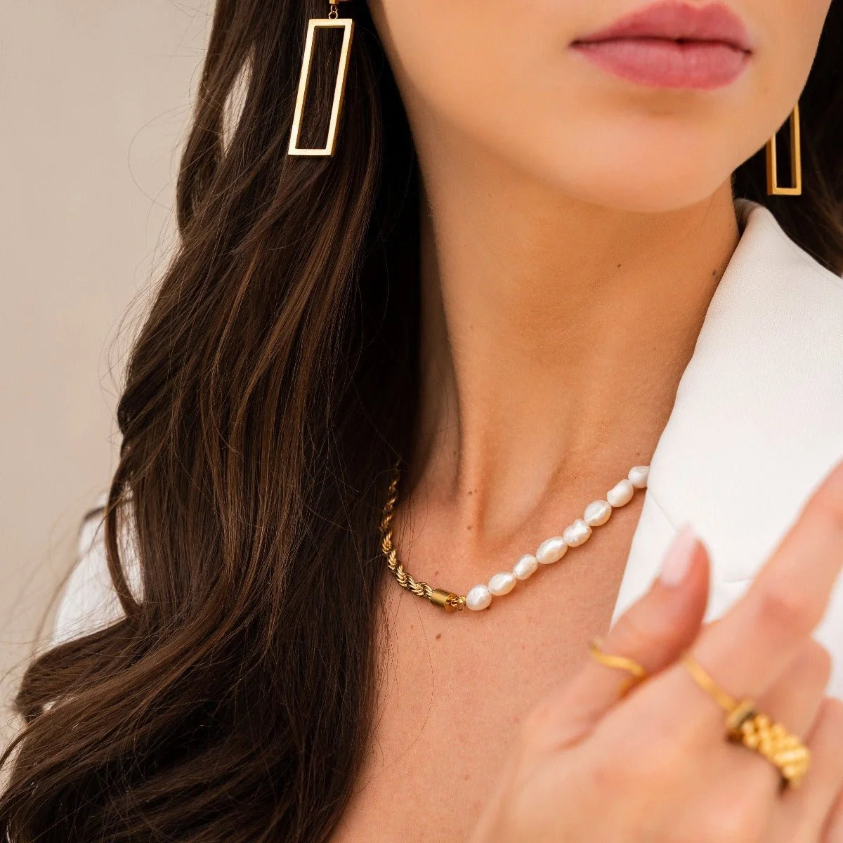 Brinco Luxurious Diana Geométrico Retangular Lenogue Ouro