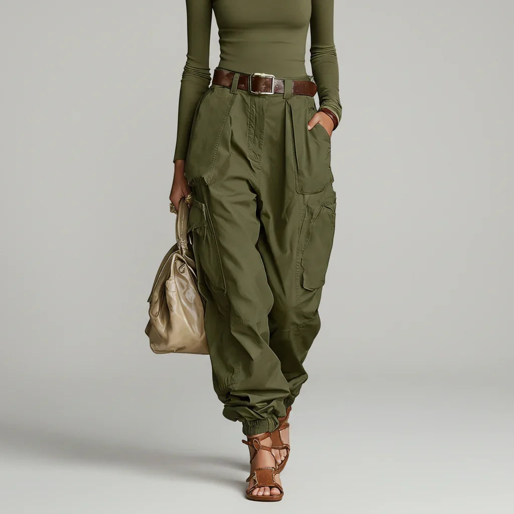 Calça Cargo Wide Leg Multipockets Cintura Alta Vintage Chic Lenogue Verde / p