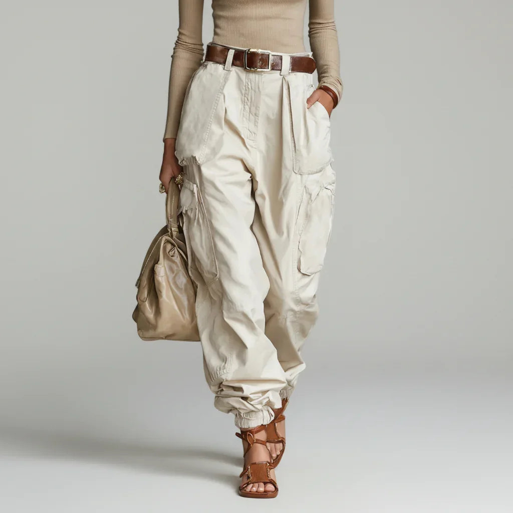 Calça Cargo Wide Leg Multipockets Cintura Alta Vintage Chic Lenogue Bege / p