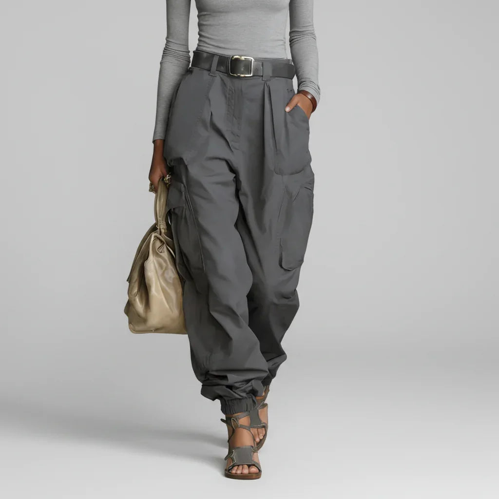 Calça Cargo Wide Leg Multipockets Cintura Alta Vintage Chic Lenogue Cinza / p