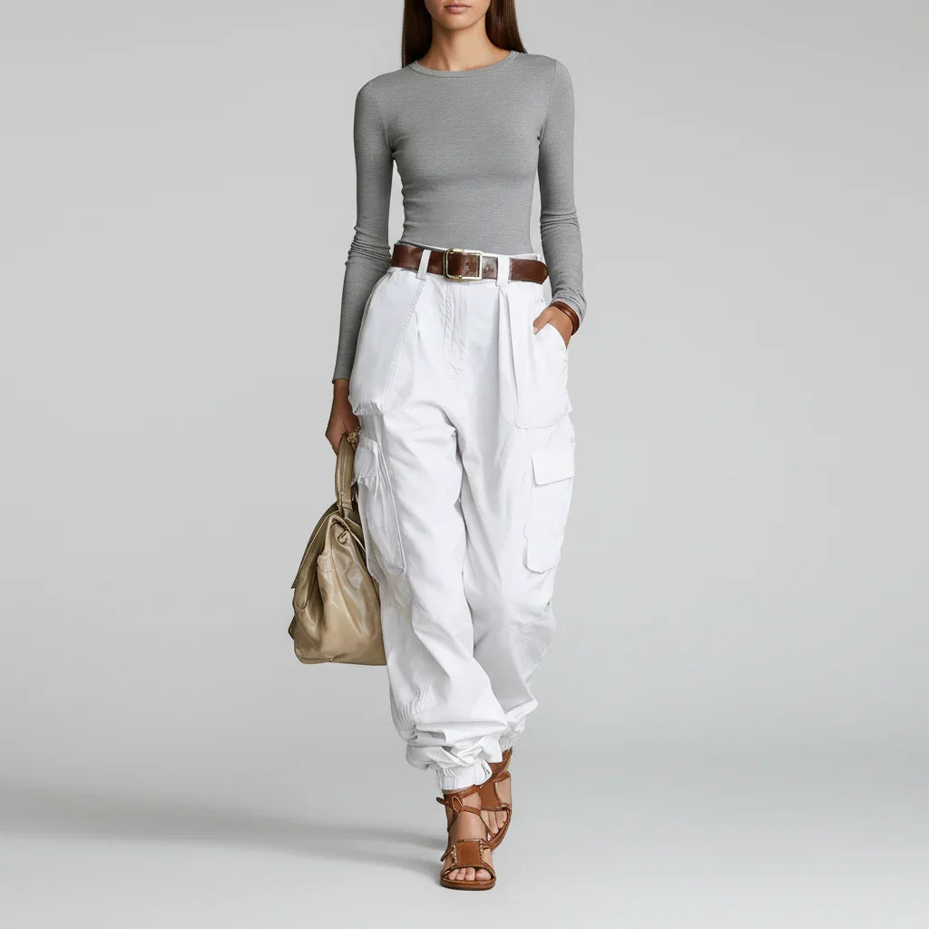 Calça Cargo Wide Leg Multipockets Cintura Alta Vintage Chic Lenogue Branco / p