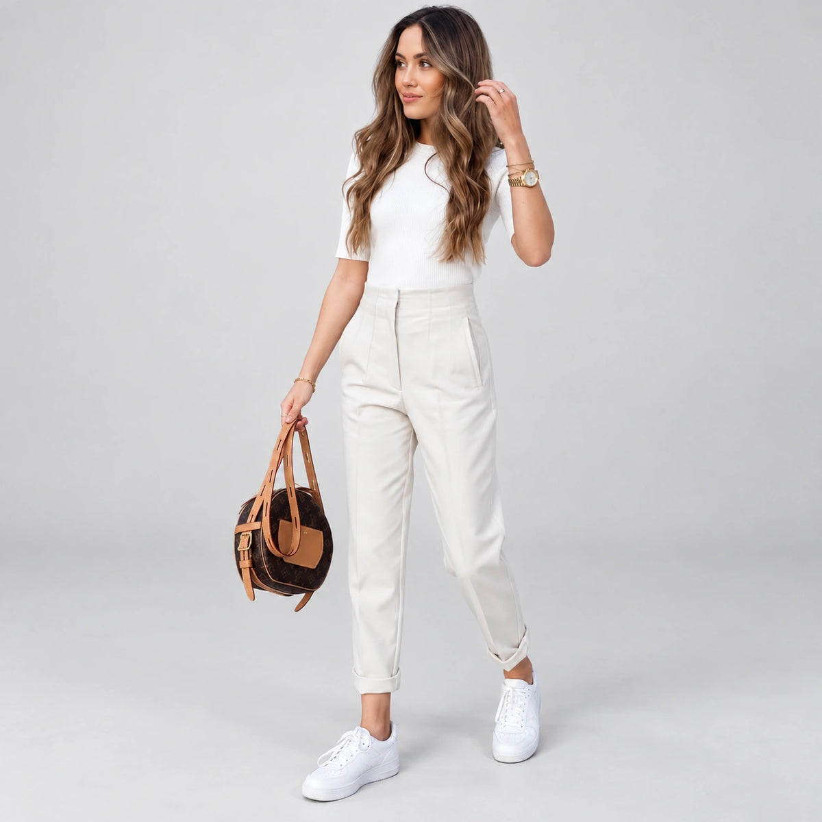Calça Longa com Cintura Alta e Zíper Raffiné Lenogue