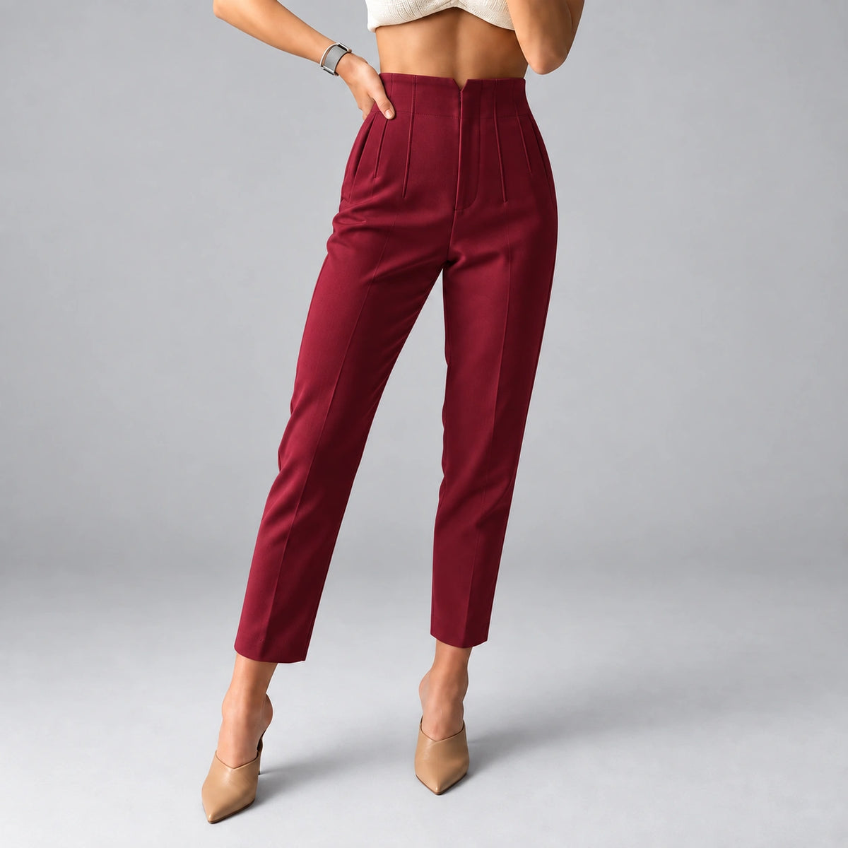Calça Longa com Cintura Alta e Zíper Raffiné Lenogue