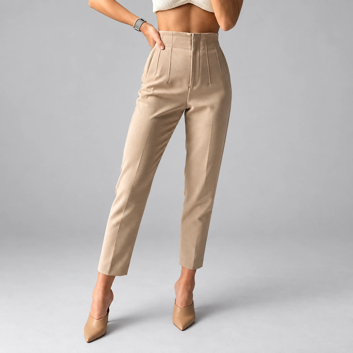 Calça Longa com Cintura Alta e Zíper Raffiné Lenogue