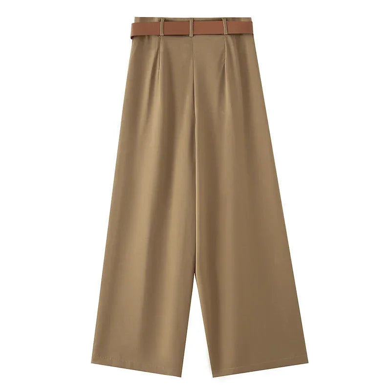 Calça Pantalona de Cetim com Cinto e Bolsos Chic Lenogue