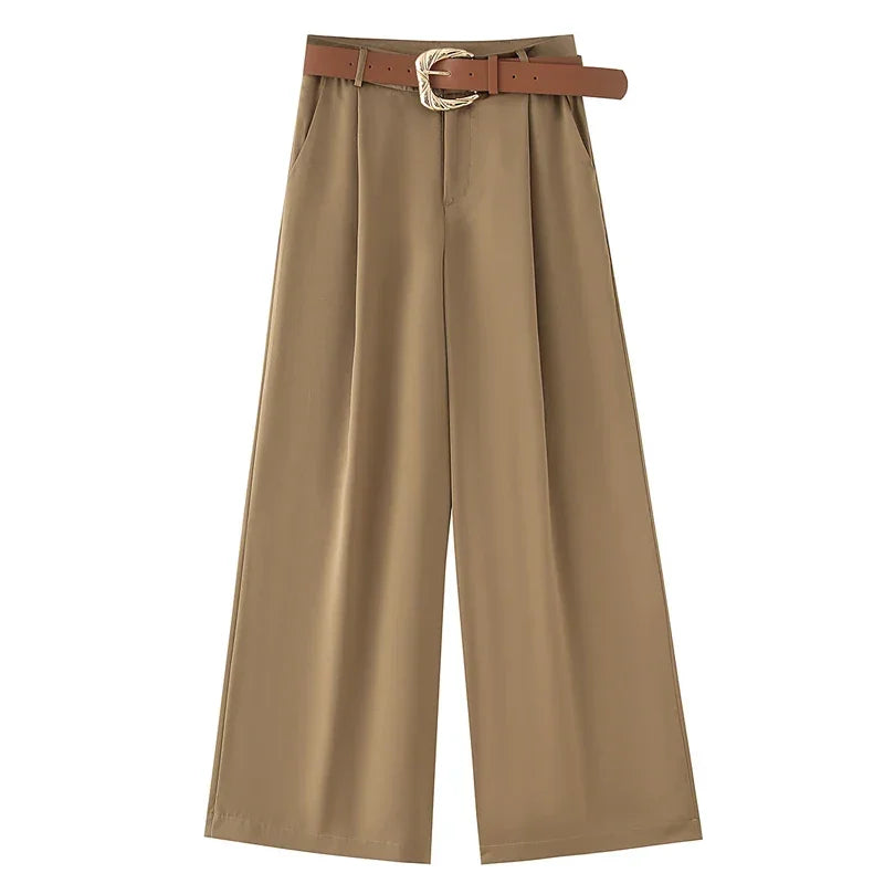 Calça Pantalona de Cetim com Cinto e Bolsos Chic Lenogue