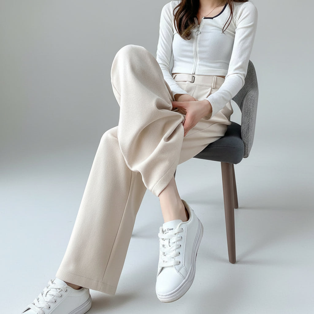 Calça Pantalona de Cintura Alta em Lã para Uso Casual Lenogue Branco / Pp