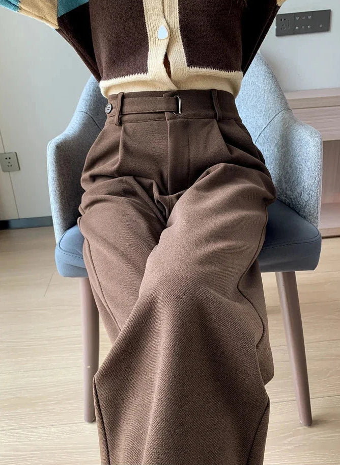 Calça Pantalona de Cintura Alta em Lã para Uso Casual Lenogue