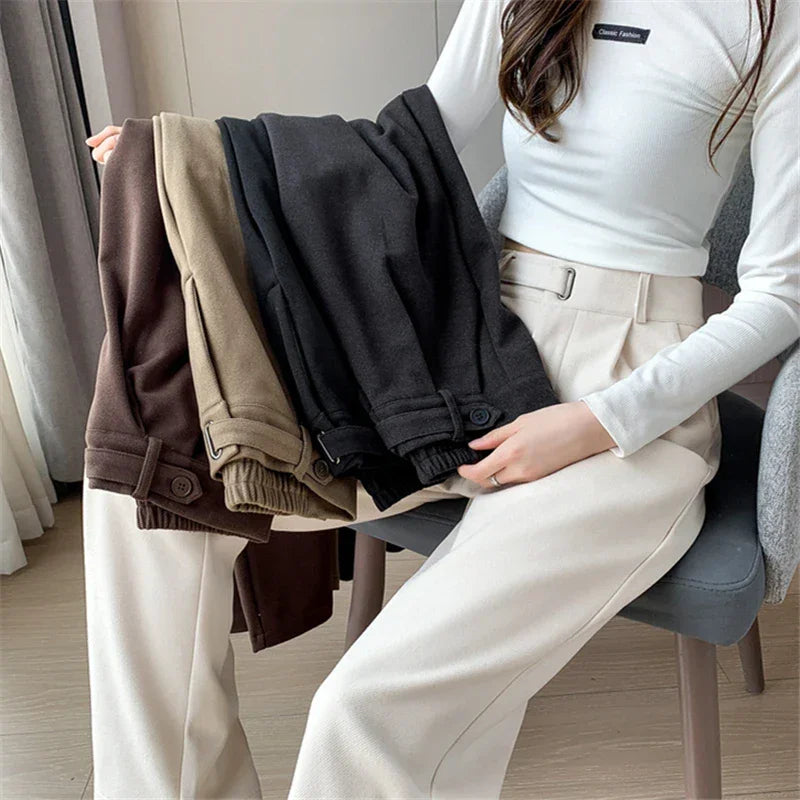 Calça Pantalona de Cintura Alta em Lã para Uso Casual Lenogue