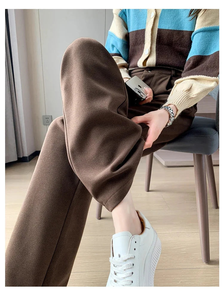 Calça Pantalona de Cintura Alta em Lã para Uso Casual Lenogue