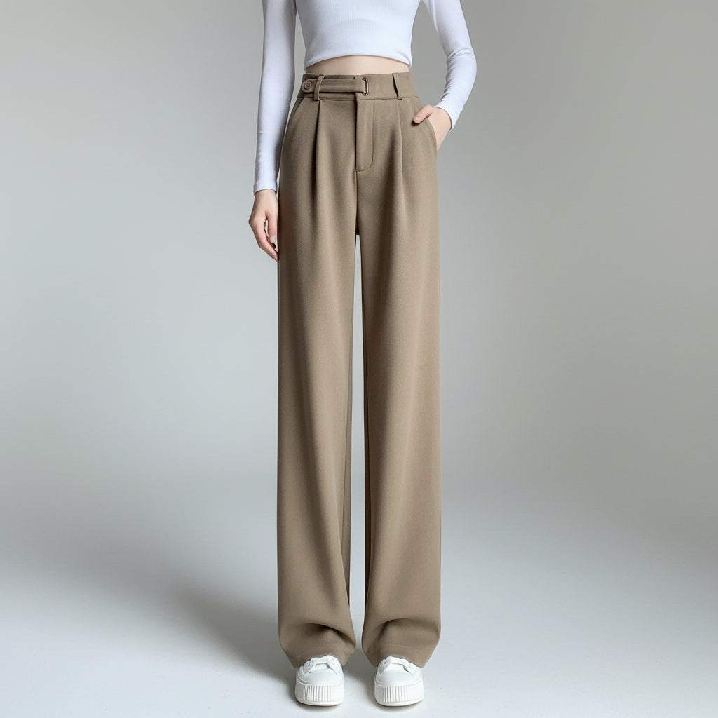 Calça Pantalona de Cintura Alta em Lã para Uso Casual Lenogue Bege / Pp