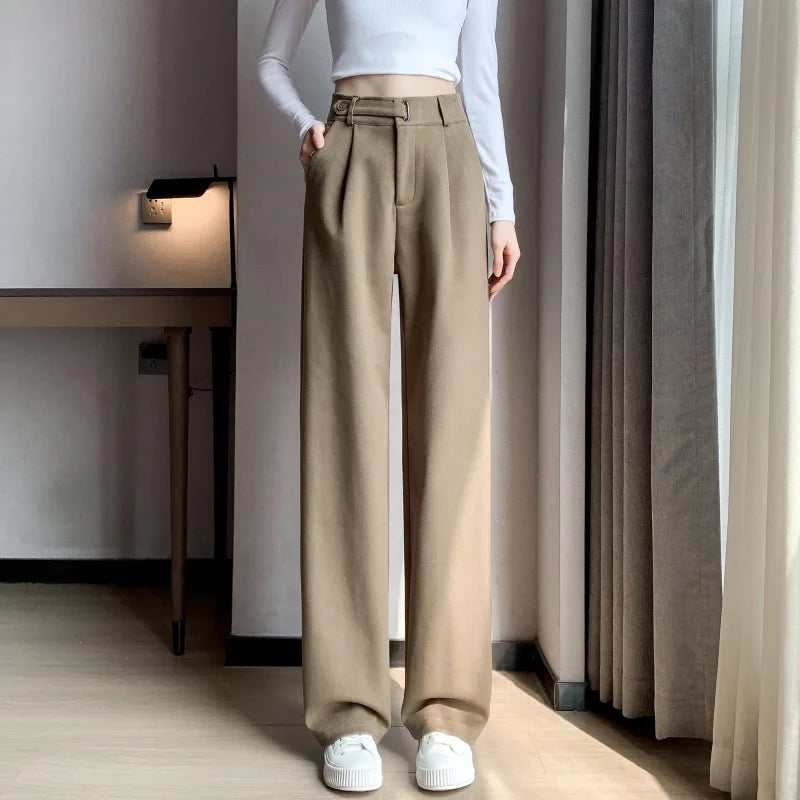 Calça Pantalona de Cintura Alta em Lã para Uso Casual Lenogue Bege / Pp