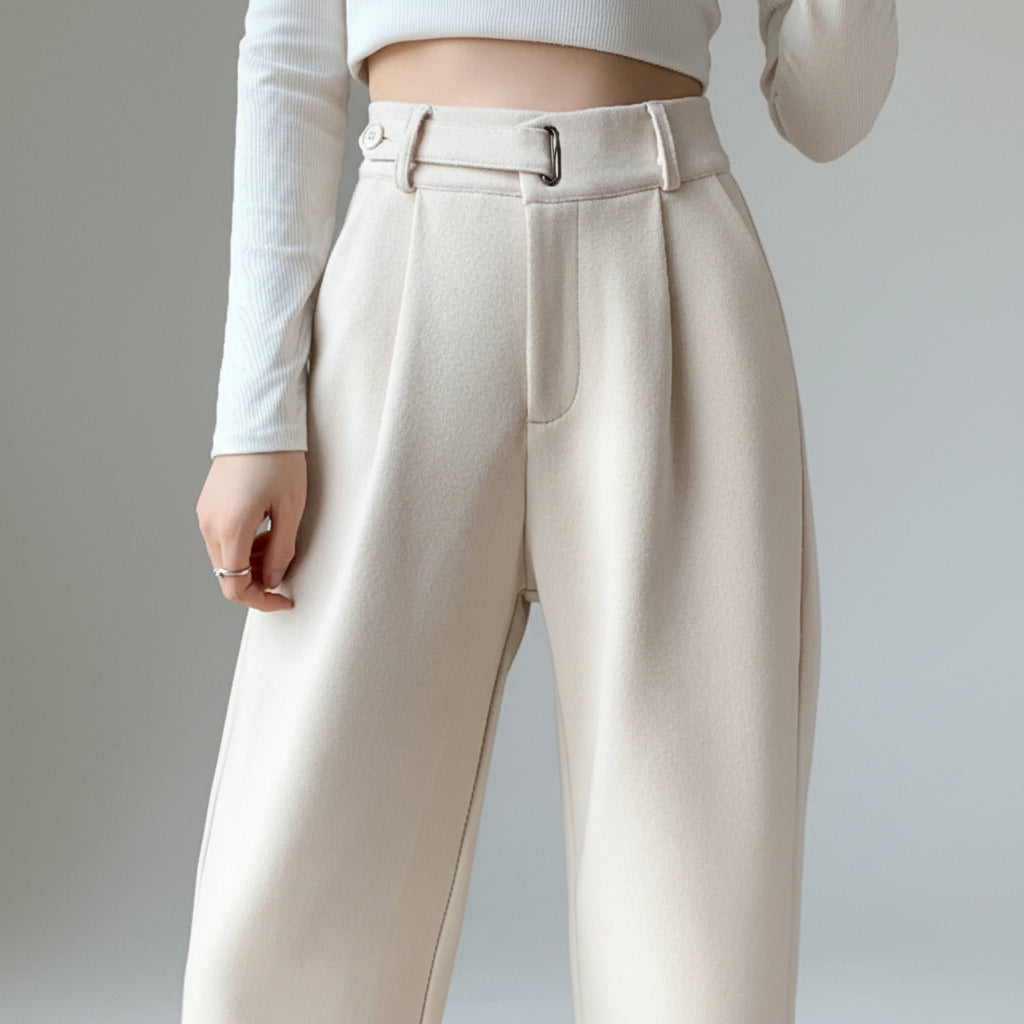 Calça Pantalona de Cintura Alta em Lã para Uso Casual Lenogue