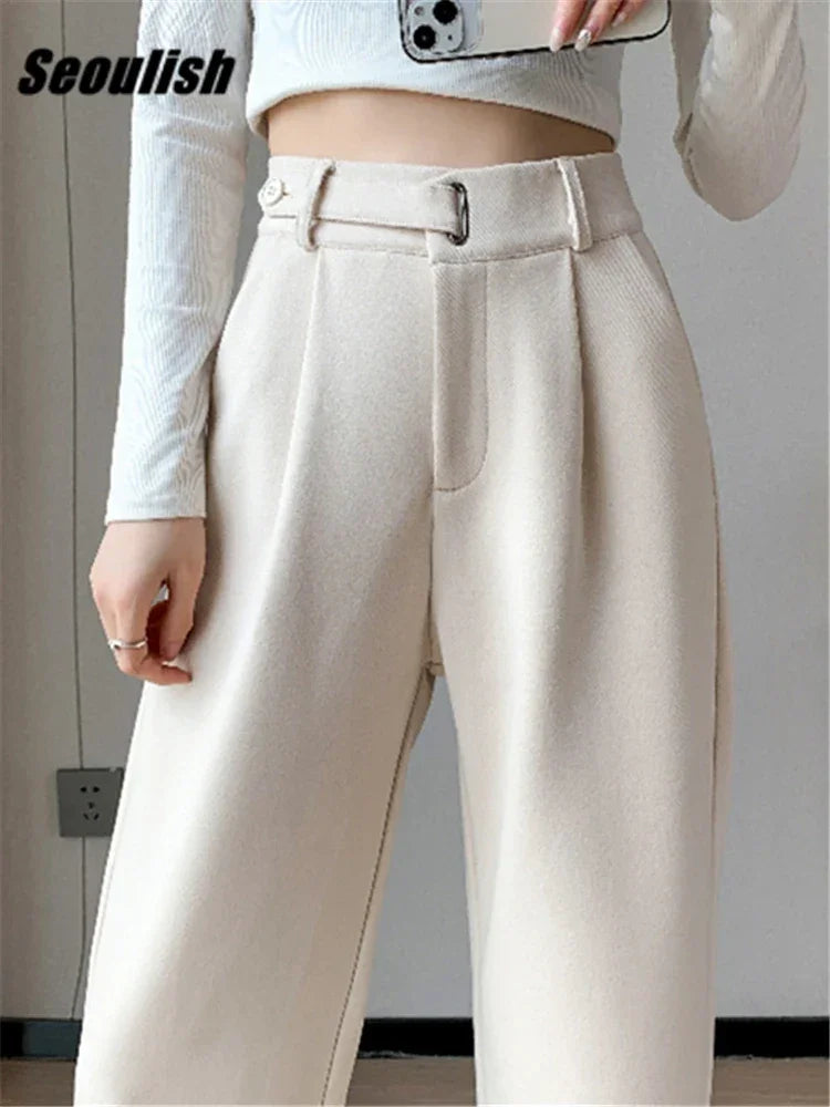 Calça Pantalona de Cintura Alta em Lã para Uso Casual Lenogue Branco / Pp