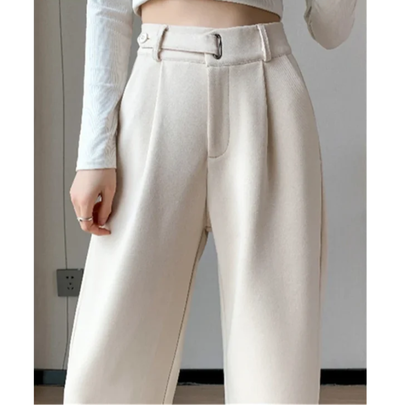 Calça Pantalona de Cintura Alta em Lã para Uso Casual Lenogue Branco / Pp