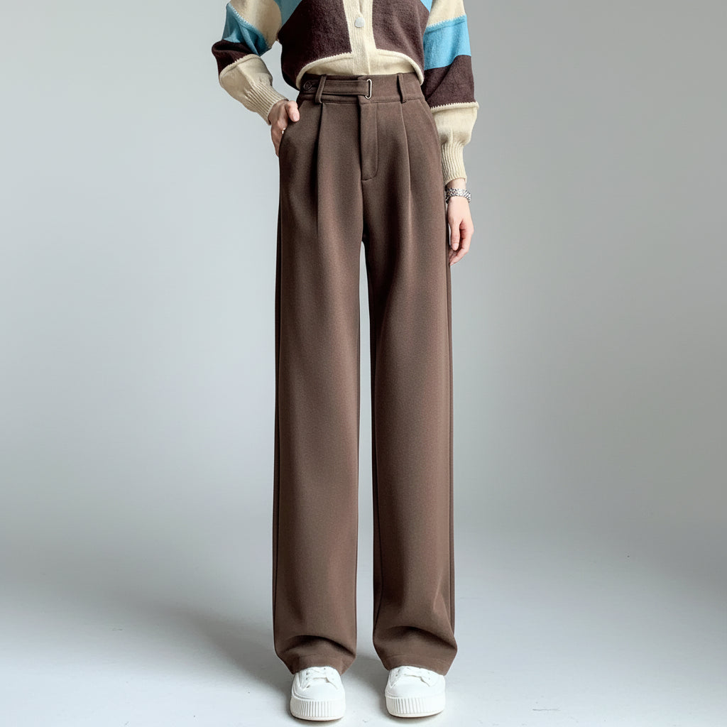 Calça Pantalona de Cintura Alta em Lã para Uso Casual Lenogue Marrom / Pp