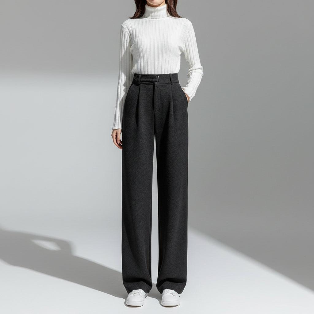 Calça Pantalona de Cintura Alta em Lã para Uso Casual Lenogue Preto / Pp