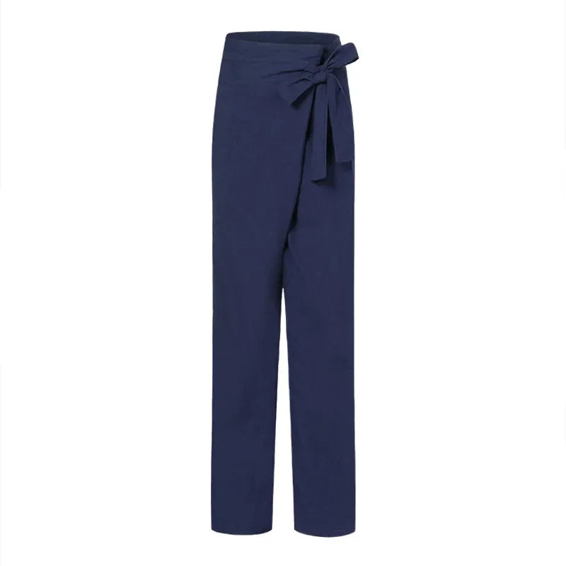 Calça Pantalona Linho Algodão Cintura Alta com Cordão Lenogue