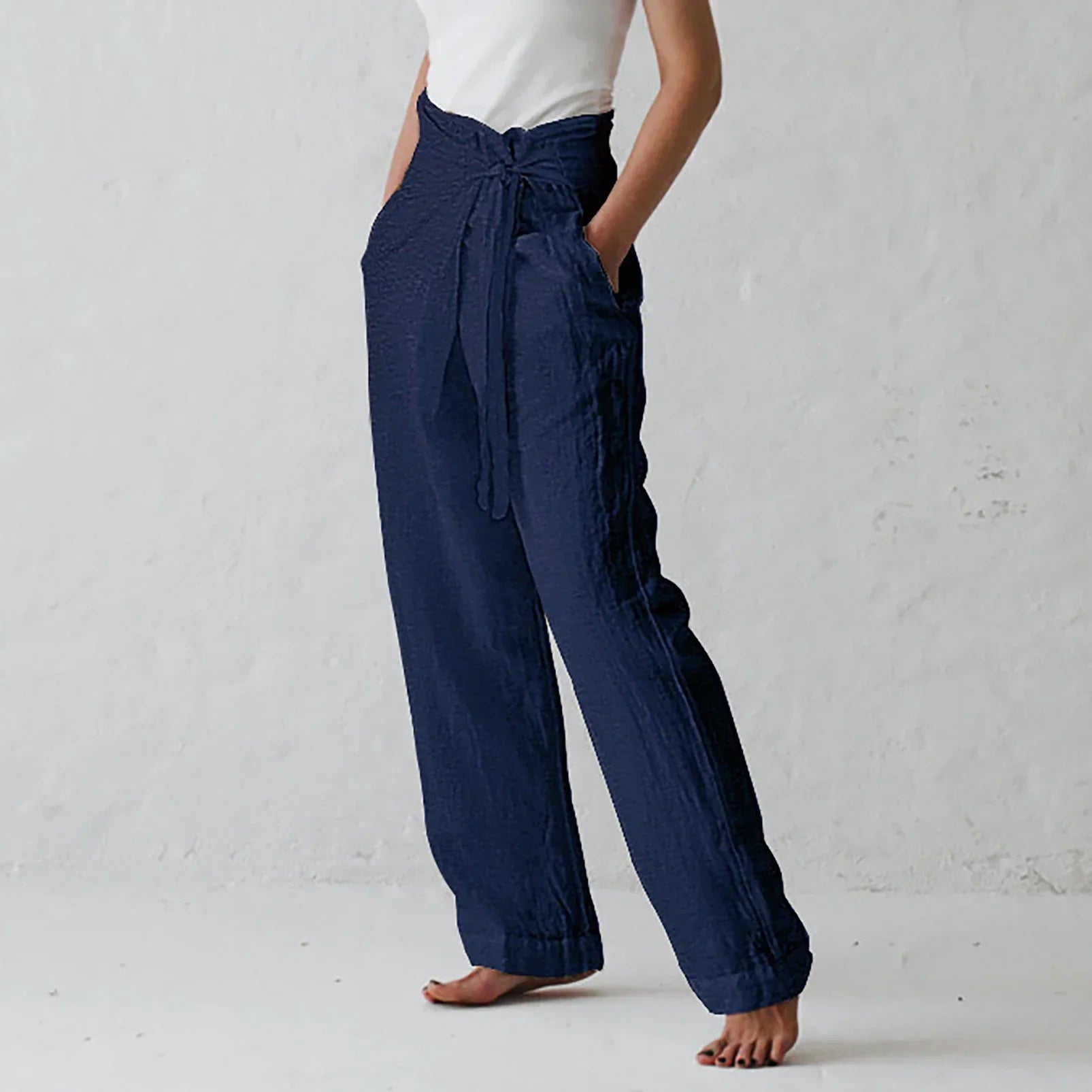 Calça Pantalona Linho Algodão Cintura Alta com Cordão Lenogue Azul / p