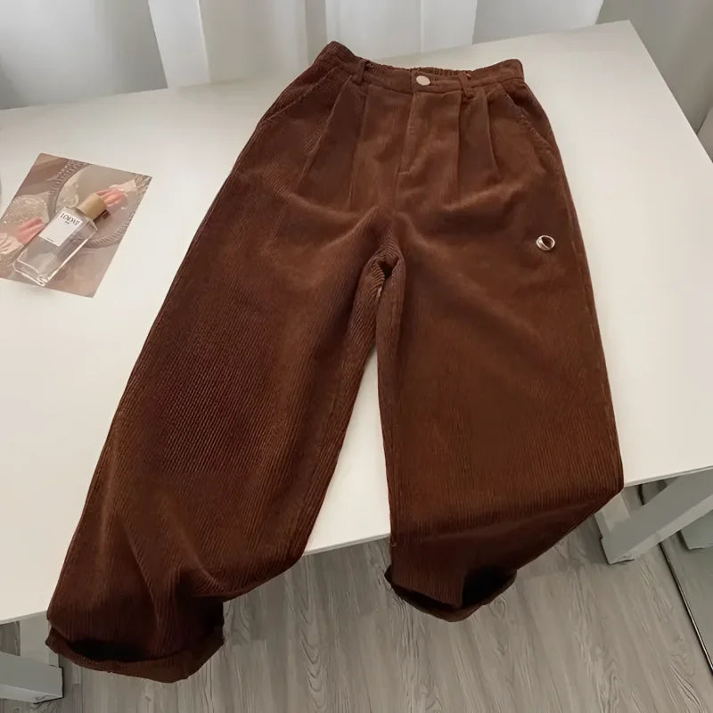 Calça Reta de Cintura Alta em Veludo Cotelê para Outono Lenogue