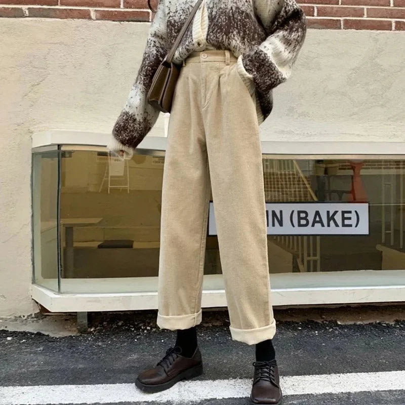 Calça Reta de Cintura Alta em Veludo Cotelê para Outono Lenogue