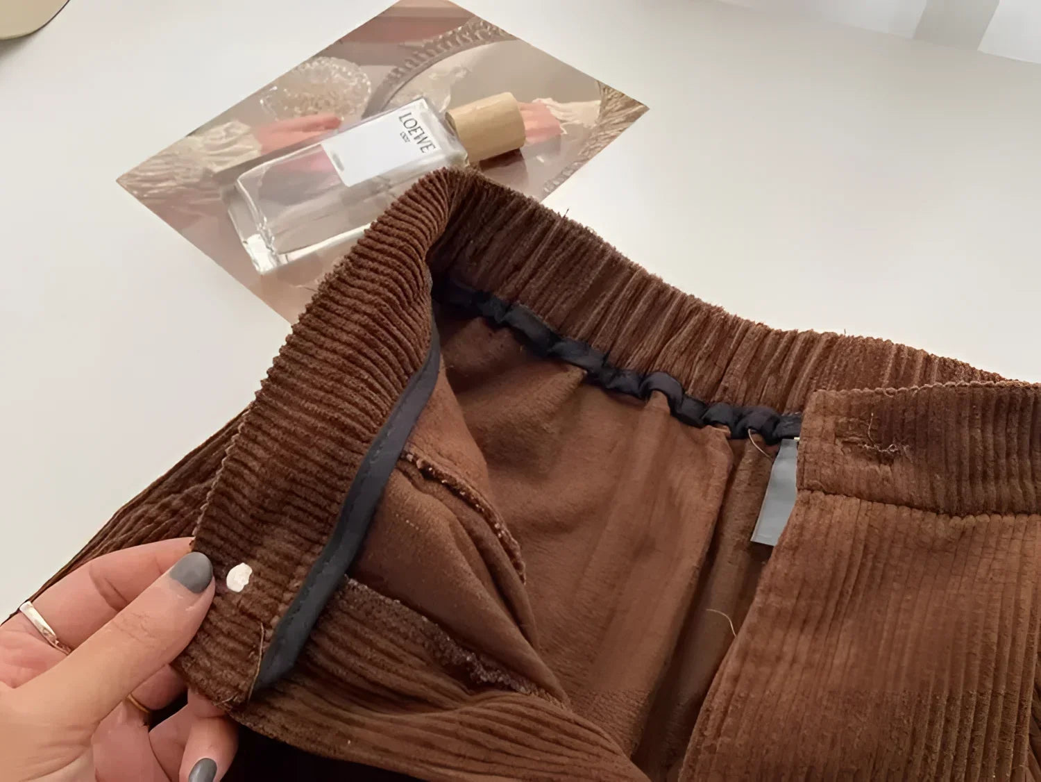 Calça Reta de Cintura Alta em Veludo Cotelê para Outono Lenogue