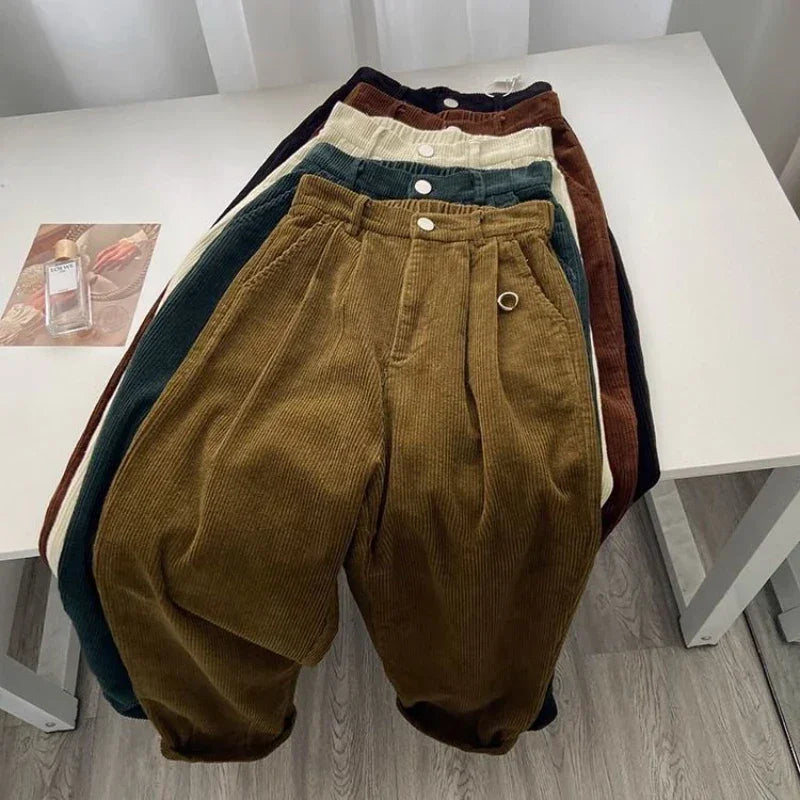 Calça Reta de Cintura Alta em Veludo Cotelê para Outono Lenogue