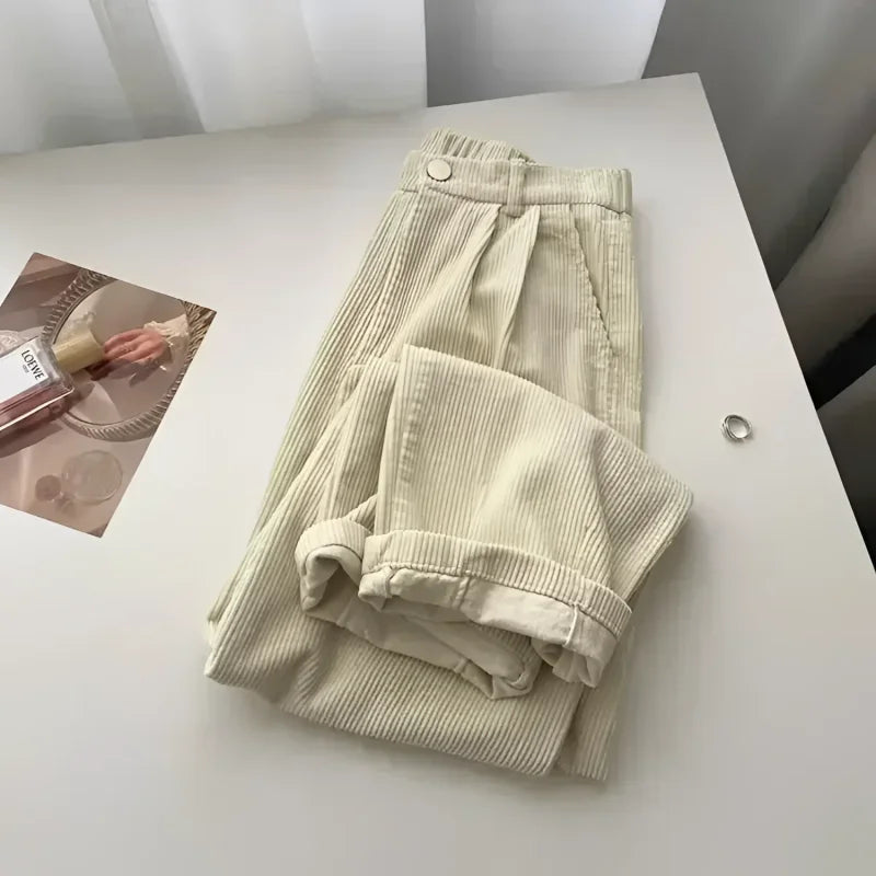 Calça Reta de Cintura Alta em Veludo Cotelê para Outono Lenogue Bege / p