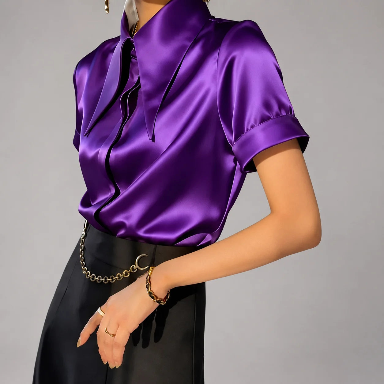 Camisa de Manga Curta Lisa com Gola Lapela Casual Chic Lenogue Roxo / p