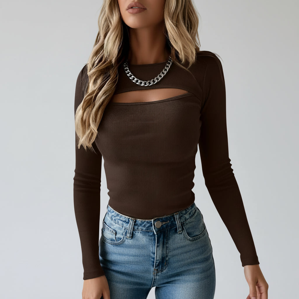 Camiseta de Malha com Elastano Recorte Vazado Lenogue Marrom / Pp