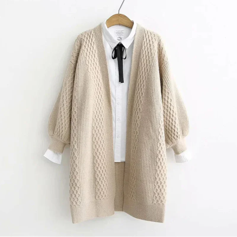 Cardigã Casual Longo em Tricot com Manga Lanterna Lenogue
