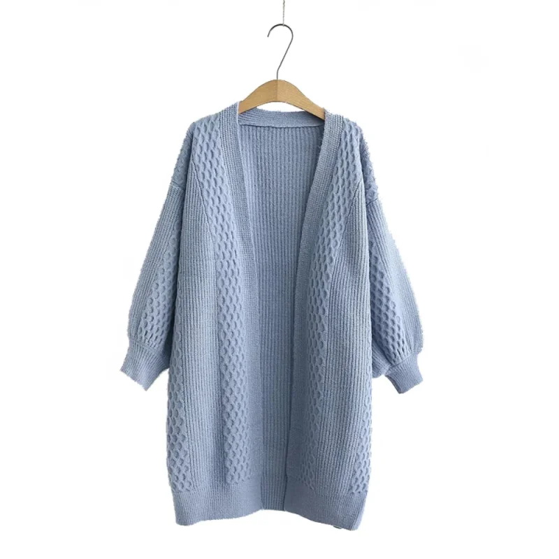 Cardigã Casual Longo em Tricot com Manga Lanterna Lenogue Azul