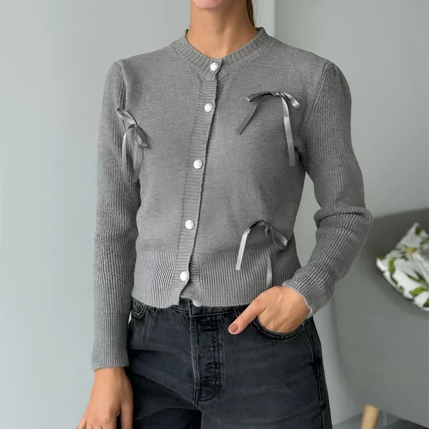 Cardigã em Tricot com Laço para Casual Chic Lenogue