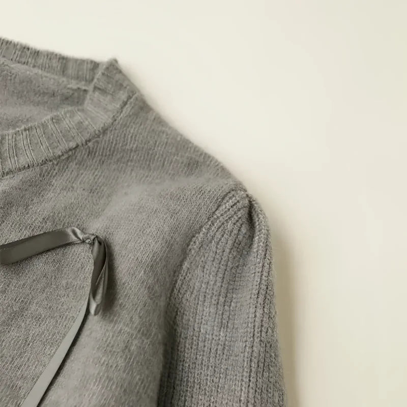 Cardigã em Tricot com Laço para Casual Chic Lenogue