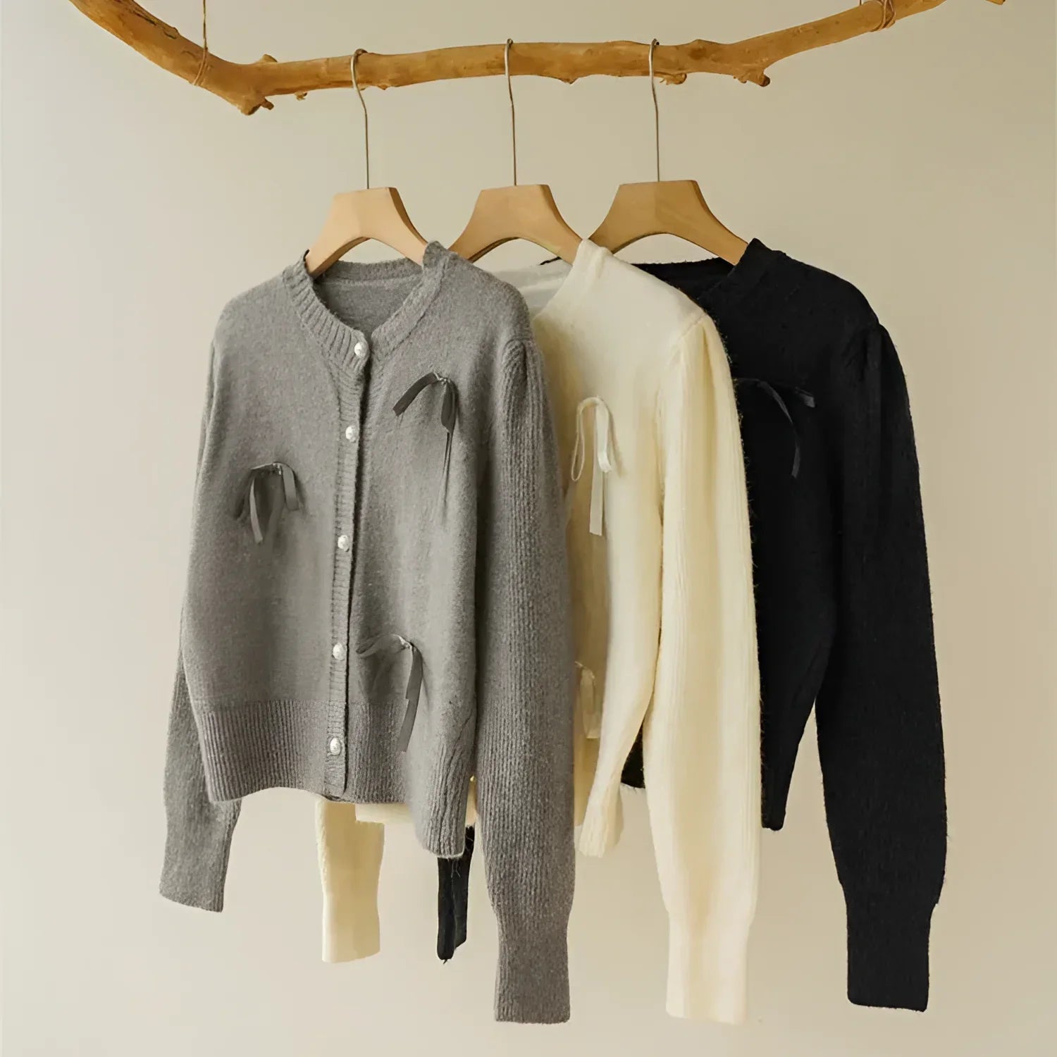 Cardigã em Tricot com Laço para Casual Chic Lenogue