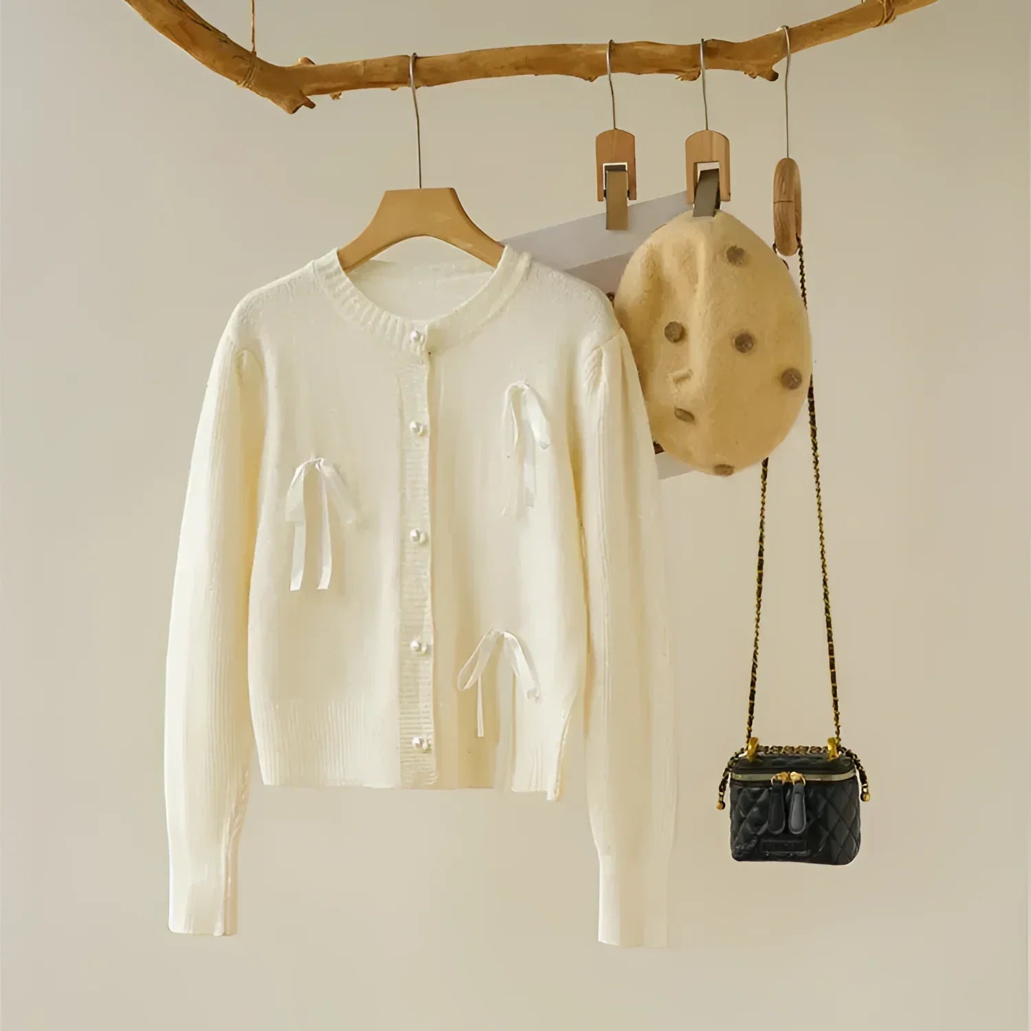 Cardigã em Tricot com Laço para Casual Chic Lenogue Bege