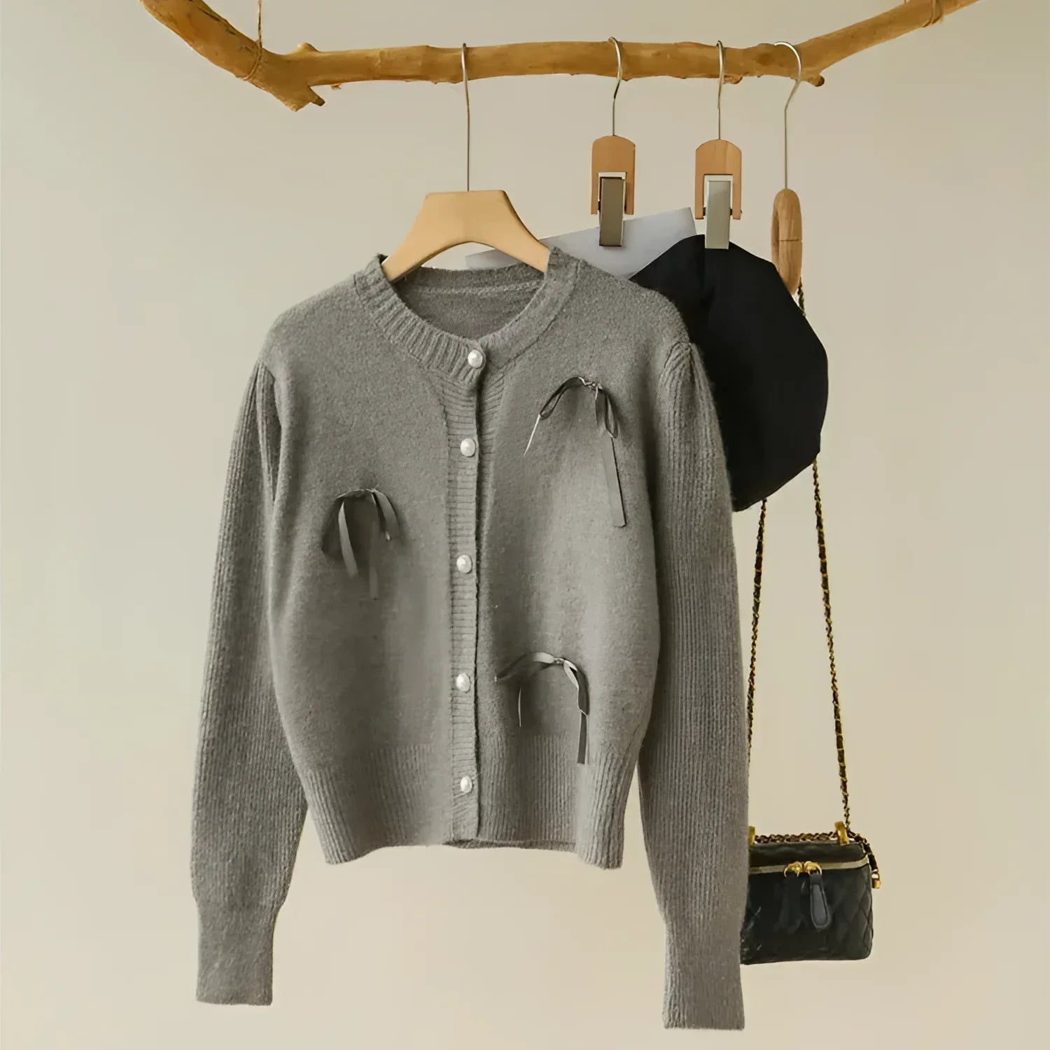 Cardigã em Tricot com Laço para Casual Chic Lenogue Cinza