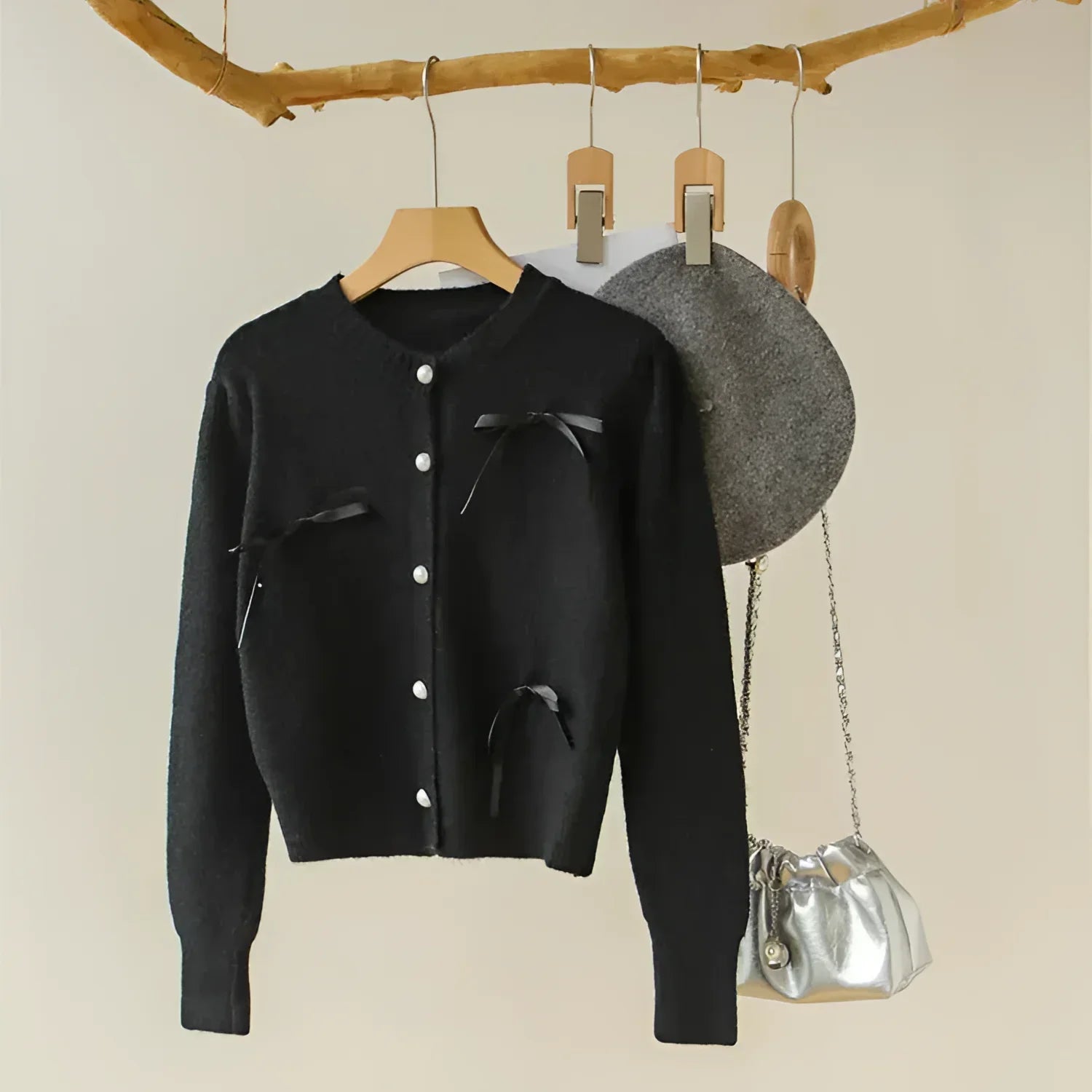 Cardigã em Tricot com Laço para Casual Chic Lenogue Preto