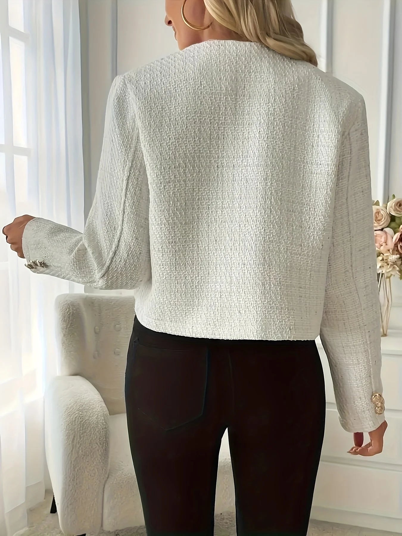 Casaco de Tweed com Botões Dourados e Gola Redonda Lenogue