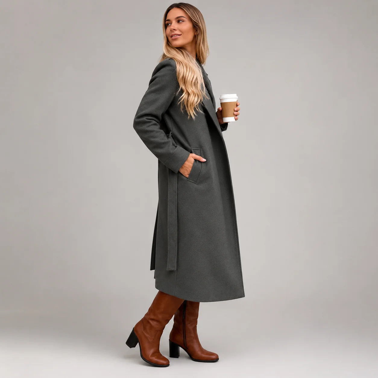 Casaco Longo de Lã Open Front com Cinto e Bolsos Chic Lenogue